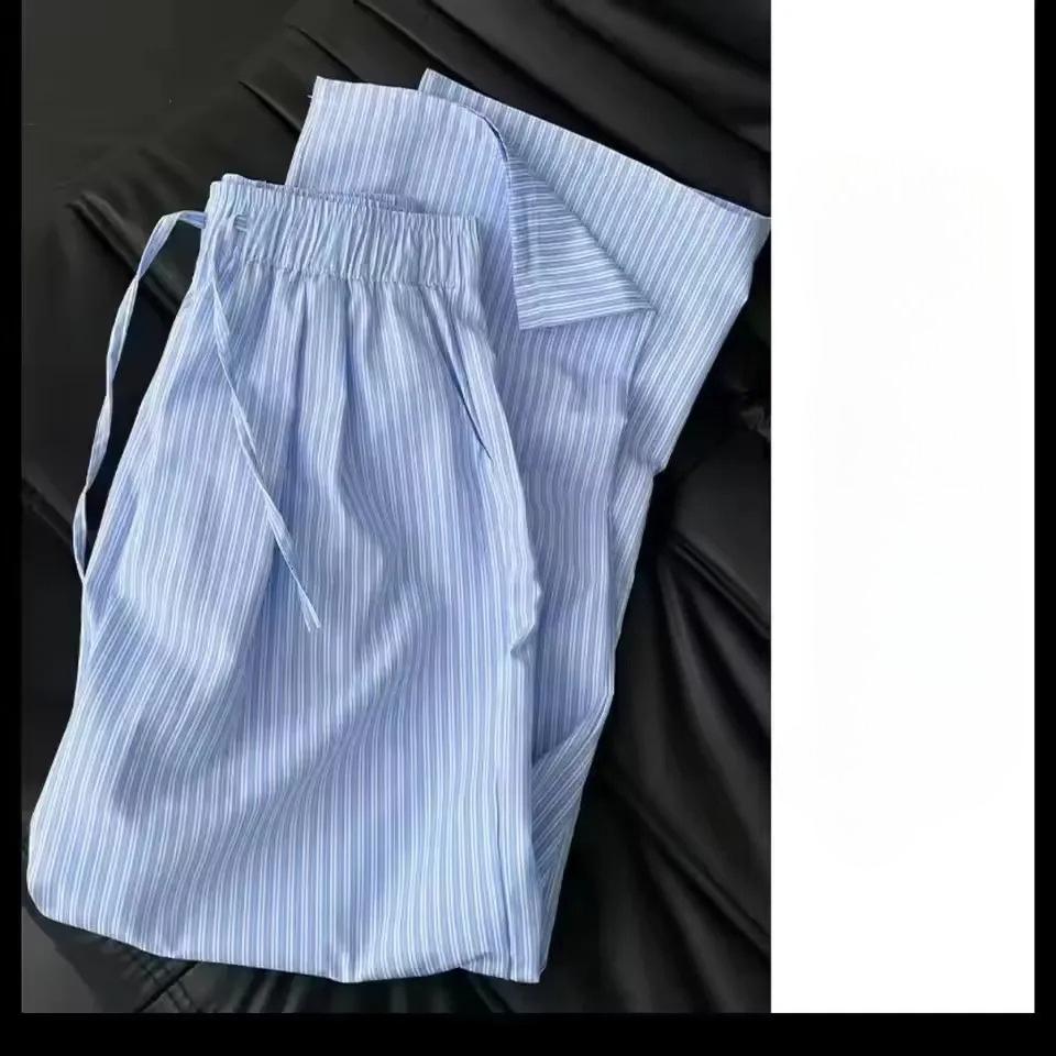Striped Lazy Style Wide-leg Pants Vintage Summer Fresh Loose Thin Floor-length Casual Trousers Women