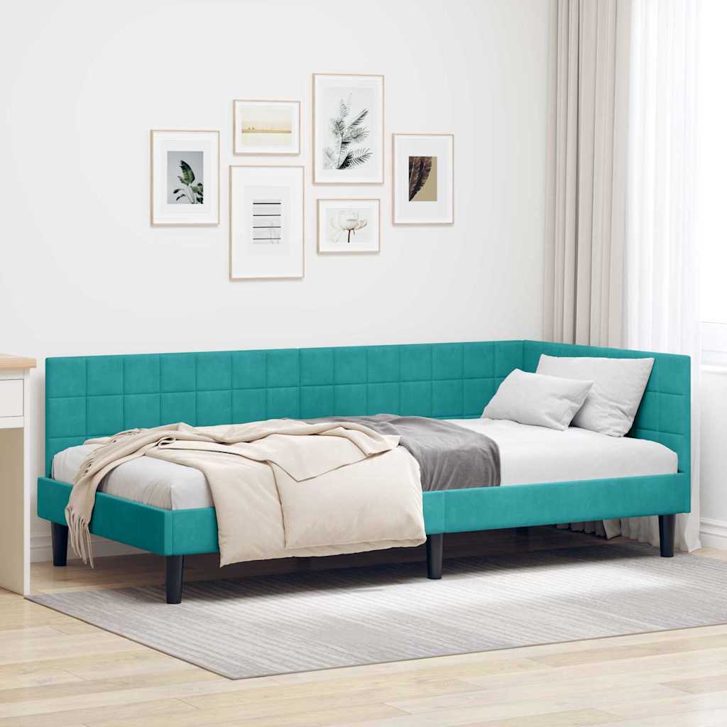 L Shaped Bed Frame with Headboard Turquoise 90 Cm X 190 Cm Velvet