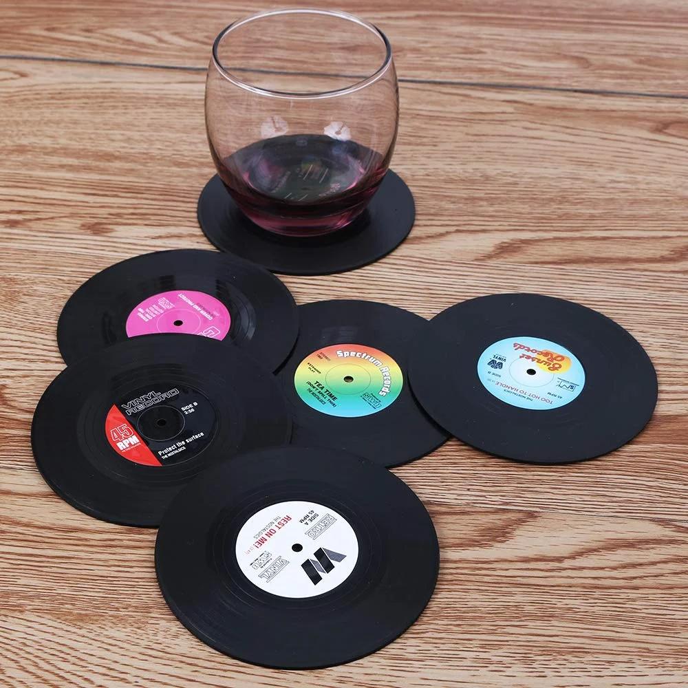 Set mit 6 bunten Retro-Untersetzern für Schallplatten, für Getränke, Untersetzer-Set für Schallplatten, Dekoration für den Couchtisch