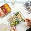 Glass Lunch 3 Airtight Storage Container Microwave and Oven Safe Rectangular for Meal Lunch Beige Lid JXN-Yun Heat-Resistant Box, 960ml, Compartments,