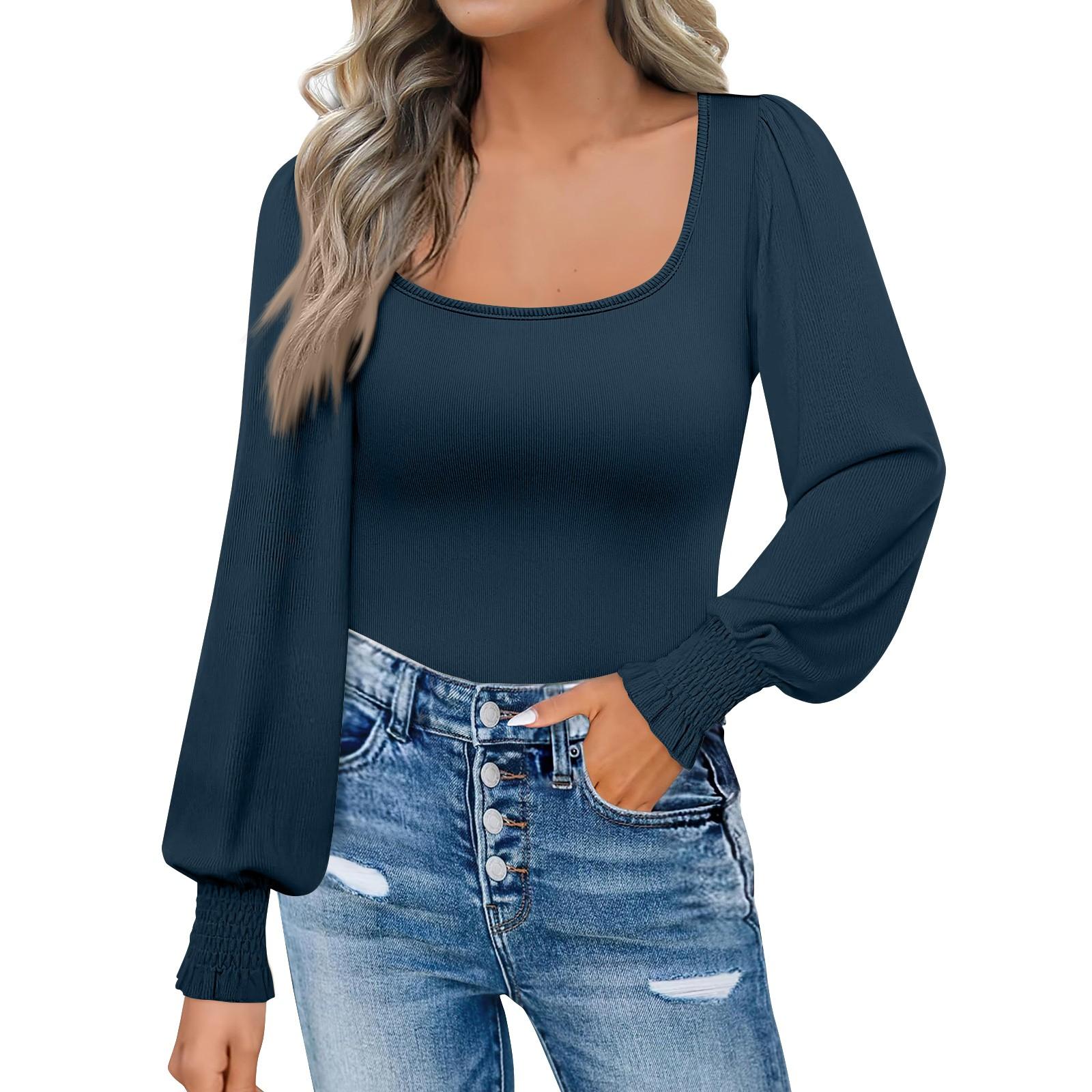 

Женская мода повседневная квадратная горловина тонкий пузырь длинный рукав однотонный топ XXL