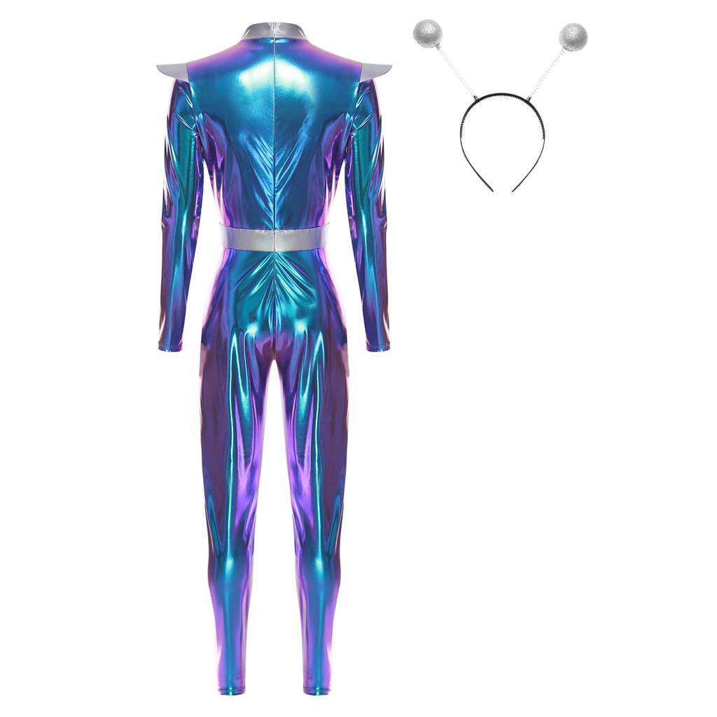 Womens Alien Robot Astronaut Cosplay Costume Metallic Shiny Full Body Unitard Long Sleeve Jumpsuit