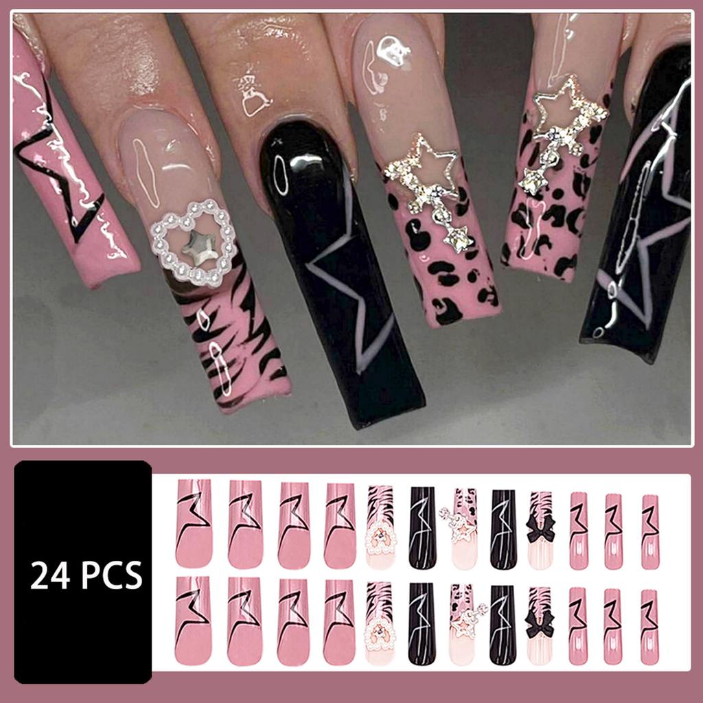 Pink Black False Nails with Star Printed Charming Comfortable To Wear Manicure Nails for Women and Girl Nail Salon
