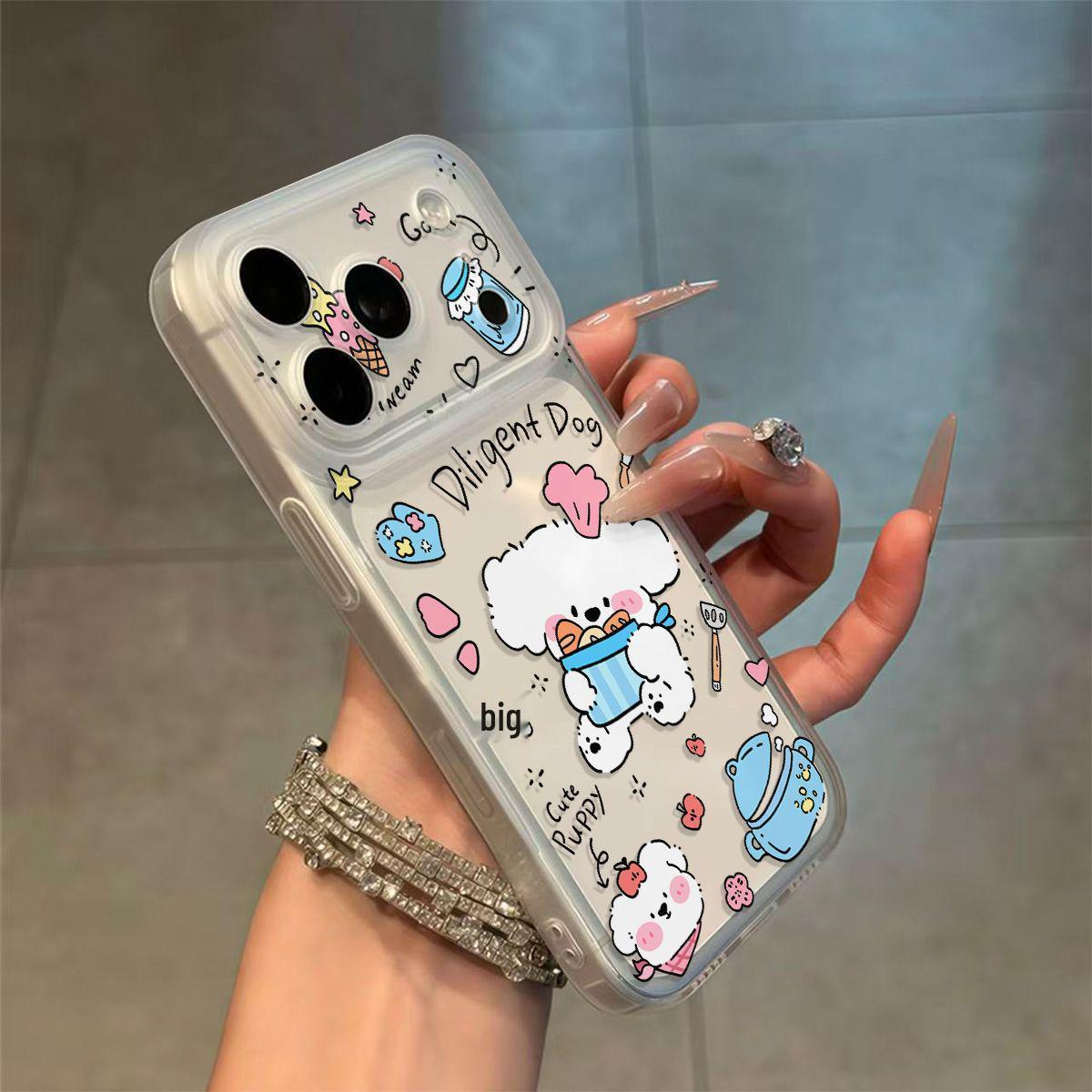 

Transparent Soft Phone Case with Integrated Button for Apple 17/16/15/14, 17 Pro Max, 16 Pro - Bread Puppy Design Apple 13 Pro Max