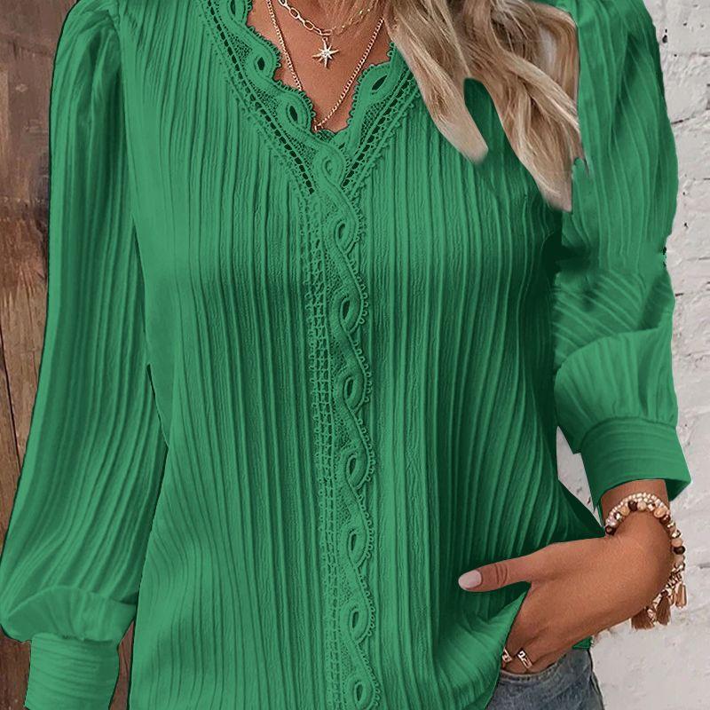 YYFS Women's Fashion Casual Spring Fall Solid Color Print Pullovers & Long Sleeves V-Neck Blouses & Shirts