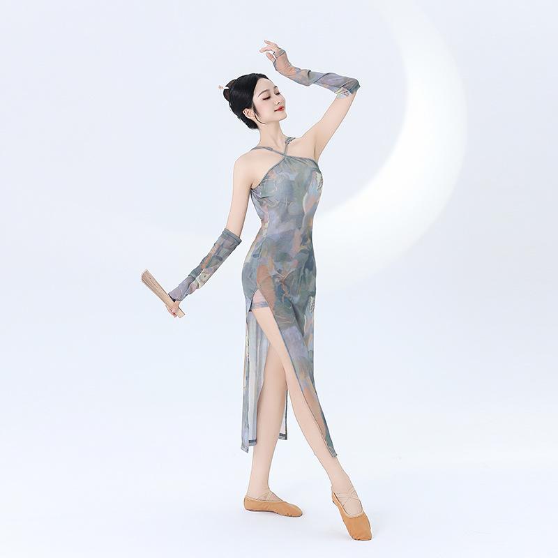 

Цветочное сетчатое платье миди с открытой спиной и вырезом халтер для танцевальной практики Large цветочный