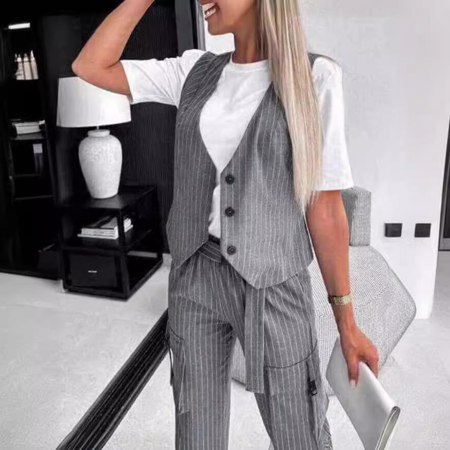 Summer Women's White Striped Vest Suit Casual V-neck Button Top Pocket Loose Pants Outfits Two-piece Suit for Women Elegant
