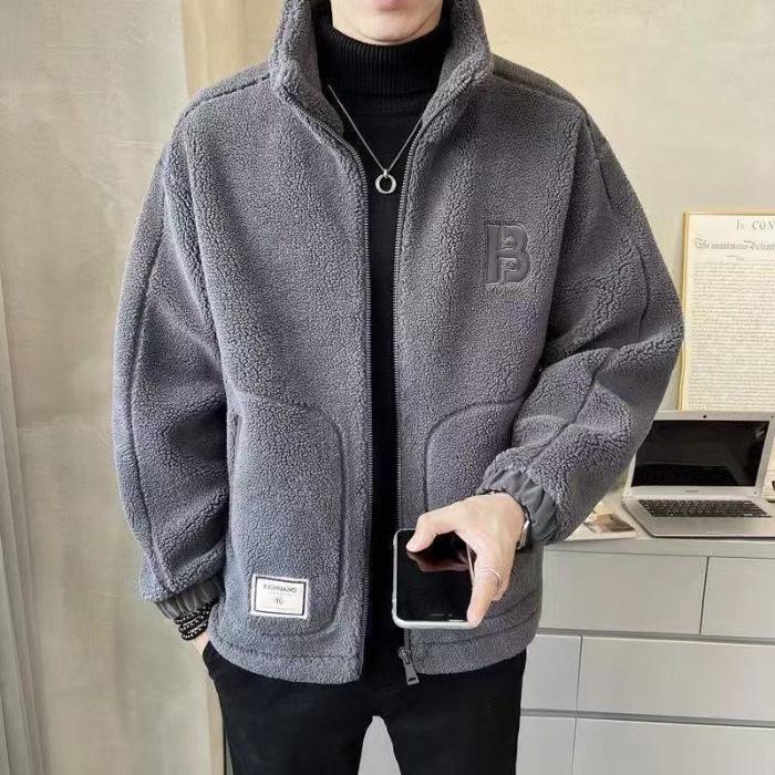 2025 Men s Lambswool Stand Collar Jacket - Trendy Thickened Winter Coat M