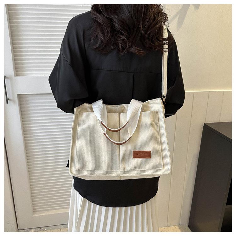 Corduroy Tote Bag for Women Large Capacity Shoulder Bag Casual Crossbody Handbag with Adjustable Strap Multi Pocket Canvas Shopper Purse for Daily Use
