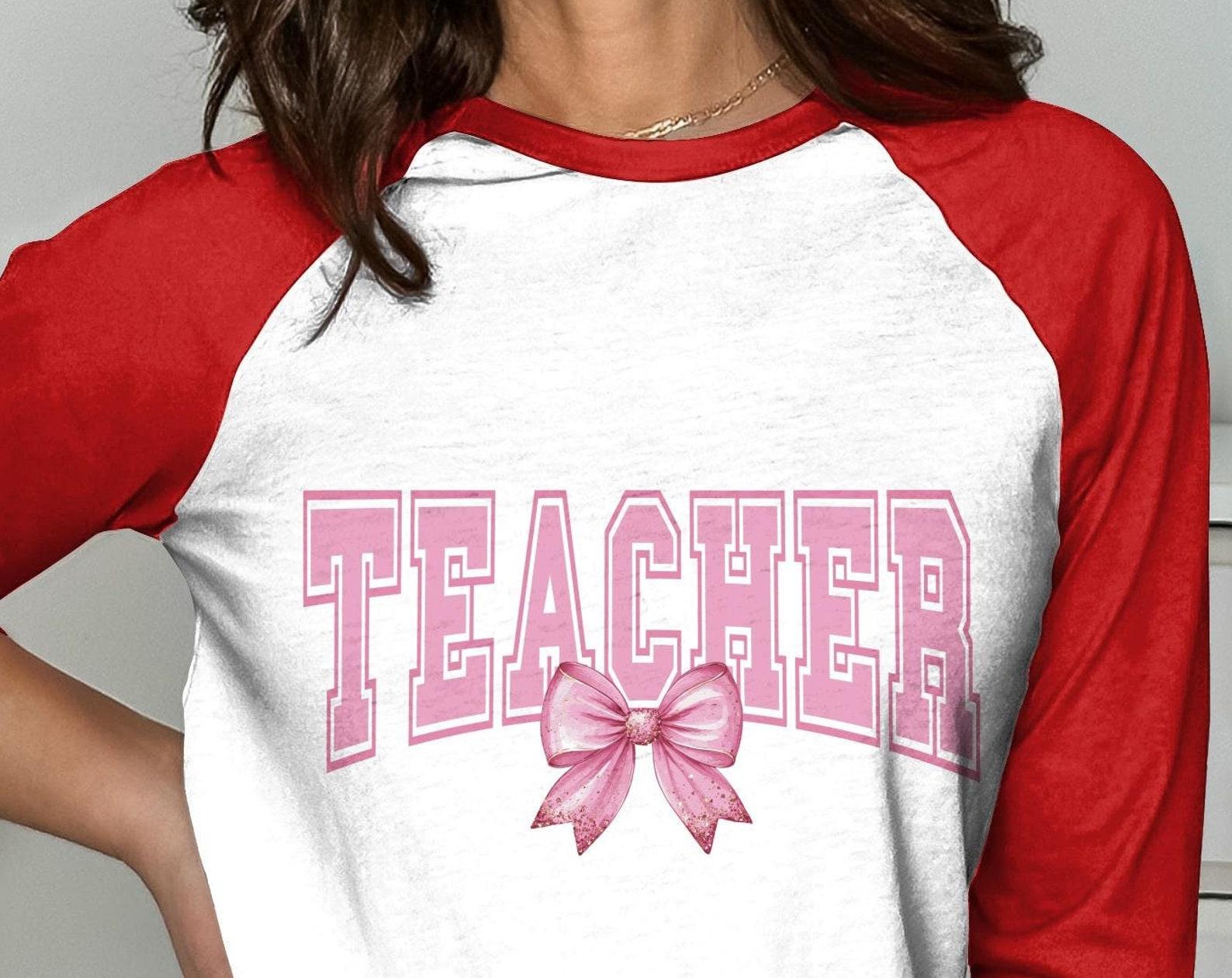 Teacher Shirt: Pink Bow Graphic, Trendy Teacher Top L
