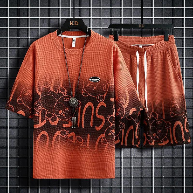 

Summer Waffle Bear Casual Suit Thin Men s Year Hundreds of Short-sleeved Shorts a Set of Sportswear 5XL