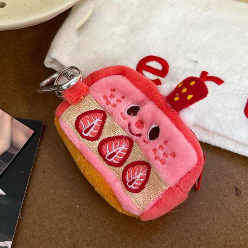 Strawberry Cake Lovely Earphone Case Pouch Plush Cartoon Cute Coin Purse Zipper Storage Bag Embroidery Pouch Keychain Pendant Pink (9x7cm)