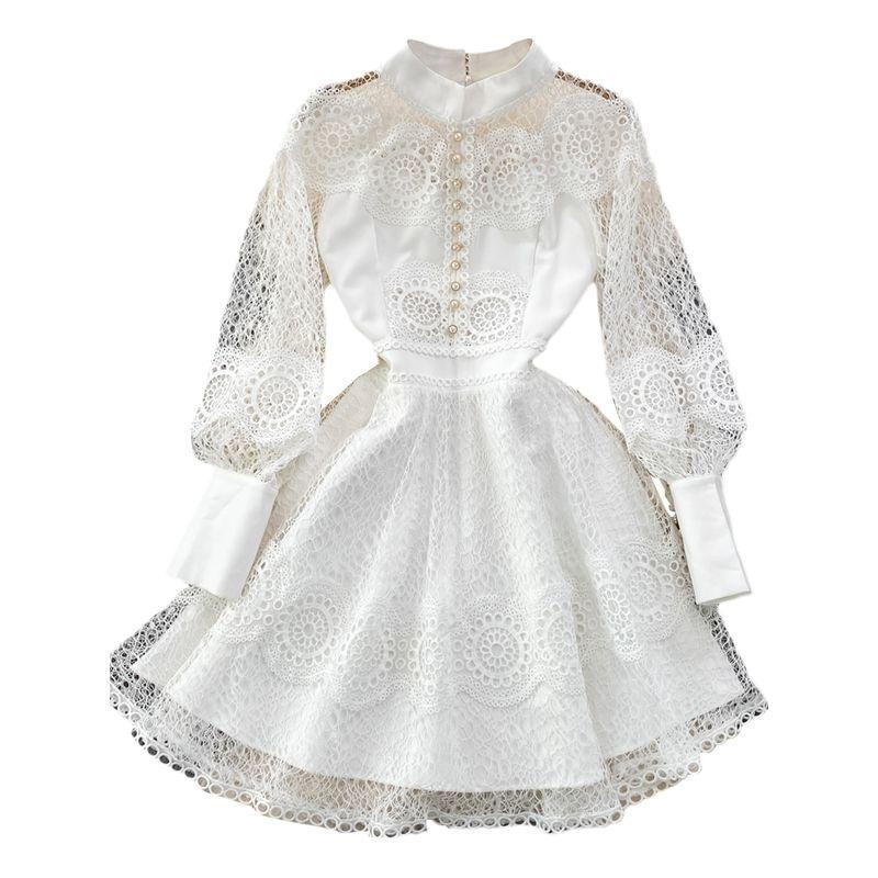 Retro Long Sleeves Stand Collar Crochet A- line Dress Lace