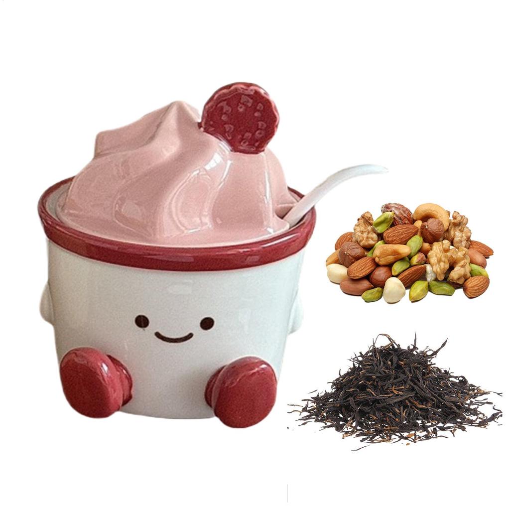 Condiment Cartoon Jar Container with Lid Spoon Ceramic Sugar Bowls Seasoning Box Salt Jars Tea Caddy for Kitchen Countertop