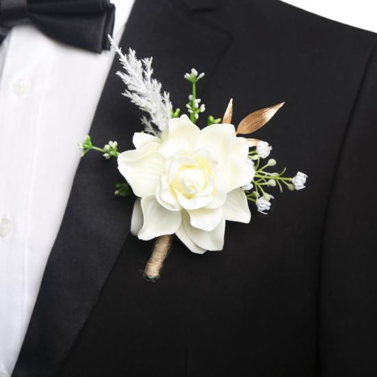 Men Simulated Rose Corsage Lightweight Compact Size Brooch Forest Style Suit Decoration with Green Leaves Vine Elements Prom Floral Accessory