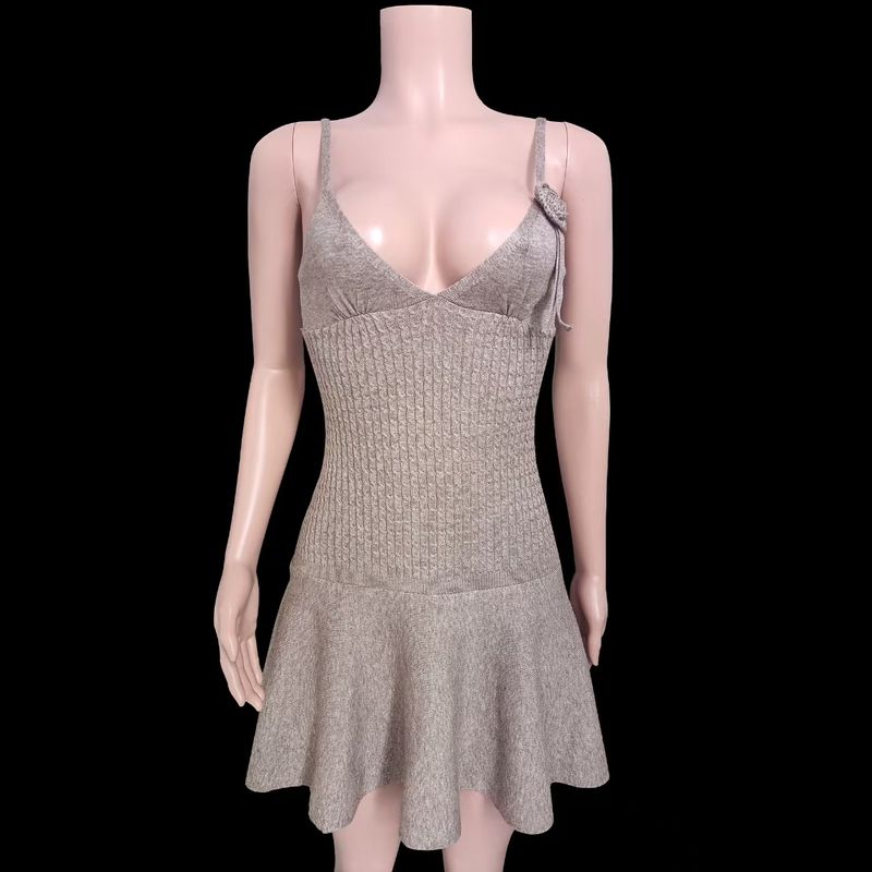 

Fashion Wind New Sexy Sling Flower Knitting Dress Sexy Suspender Knitted Dress Flower Gray S