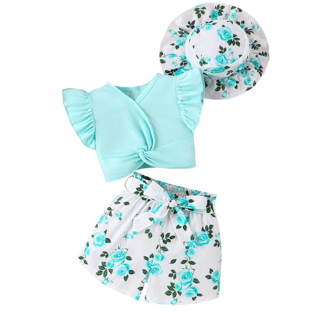 Mädchen Modeanzug Sommer Kinder Freizeit Oberteil + Bedruckte Shorts + Hut Anzug