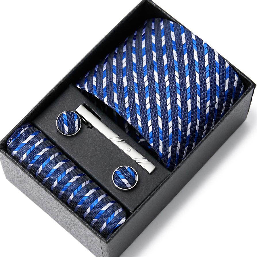Tie Men'S Business Professional Dress Suit Blue Striped Gift Box Polyester Silk 7.5Cm Business Gift