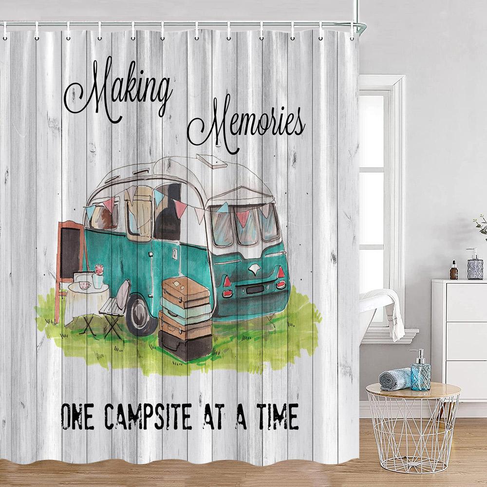 Cartoon Camper Shower Curtains Tree Camping Travel Bus Rv Bathroom Curtain Polyester Fabric Home Decoration With Hooks For Bath