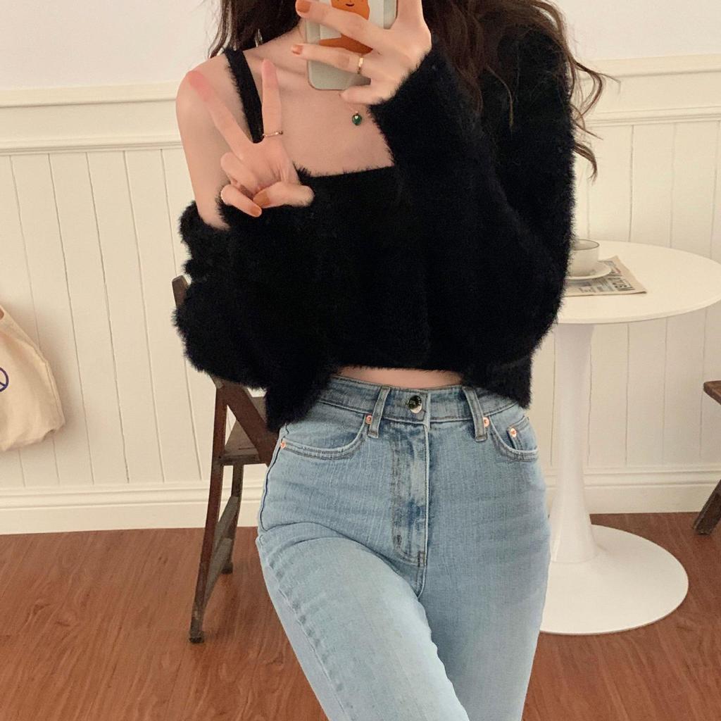 Mink-Like Camisole & Cardigan Two-Piece Set - Women's Knitted Solid Color Sweater