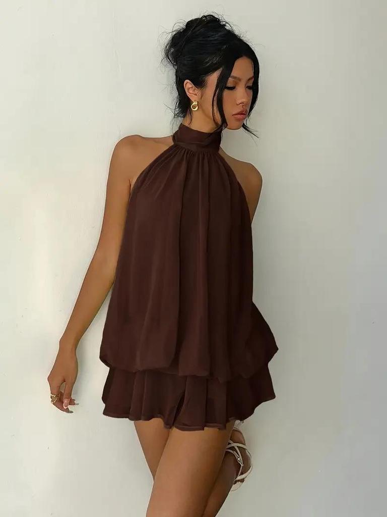 European & American Women's Backless Halter Strap Dress - Holiday Slim Fit with Puffy Short Skirt
