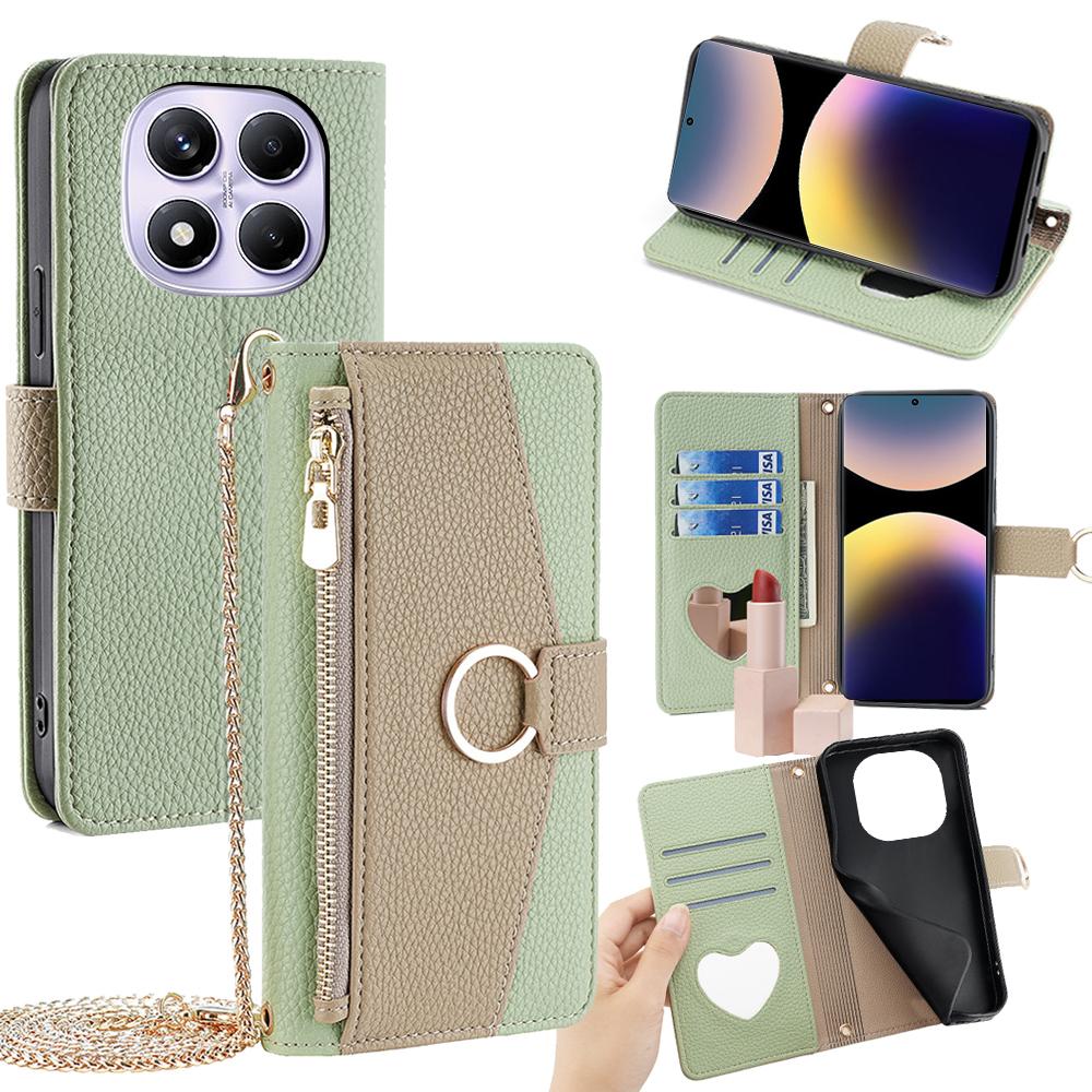 

For Xiaomi Redmi Note 14 Pro 4G Case Mirror Wallet Leather Phone Cover with Chain Shoulder Strap Green