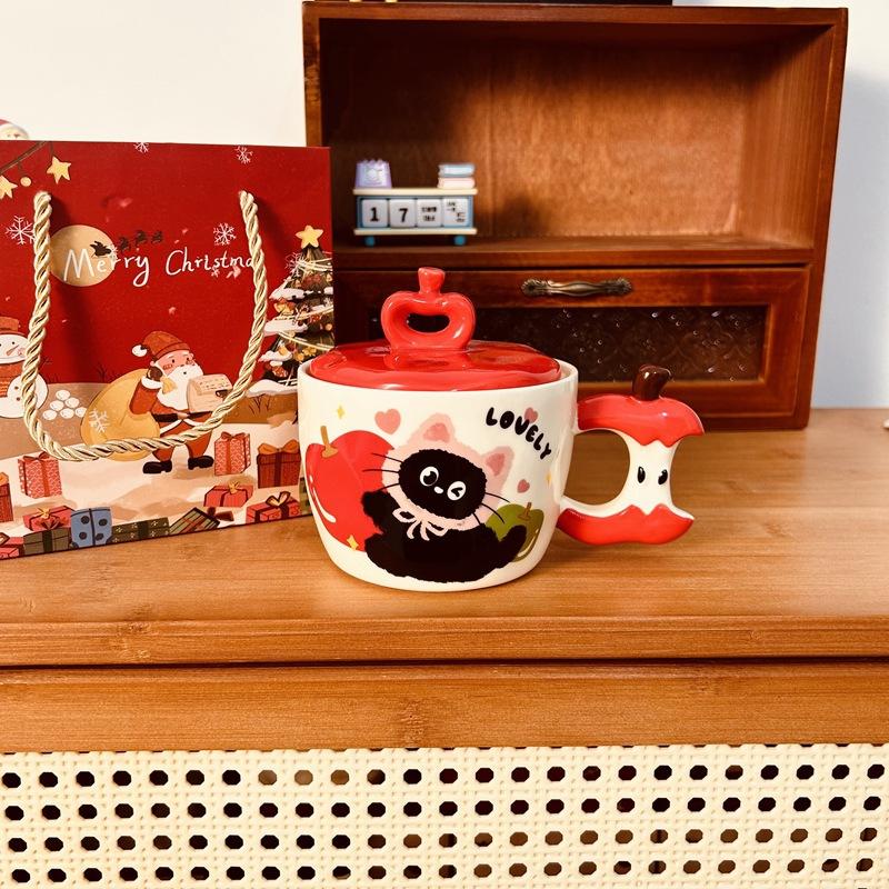 ספל חתול תפוח יצירתי עם מכסה, כוס קרמיקה חמודה בעלת ערך גבוה, ספל מזכרת, מתנה לחג המולד