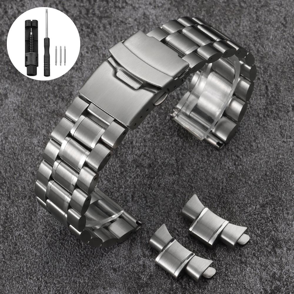 Solid Stainless Steel Watch Strap 18/20/22/24mm Silver Metal Curved End Double Press Folding Buckle Bracelet WatchBand for Seiko