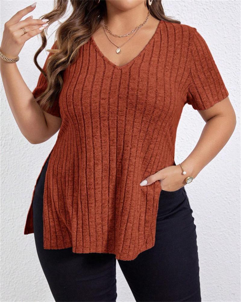 

Женская повседневная футболка с V-образным вырезом и короткими рукавами, летняя модная футболка с разрезом, блузки больших размеров, топы 2XL коричневый