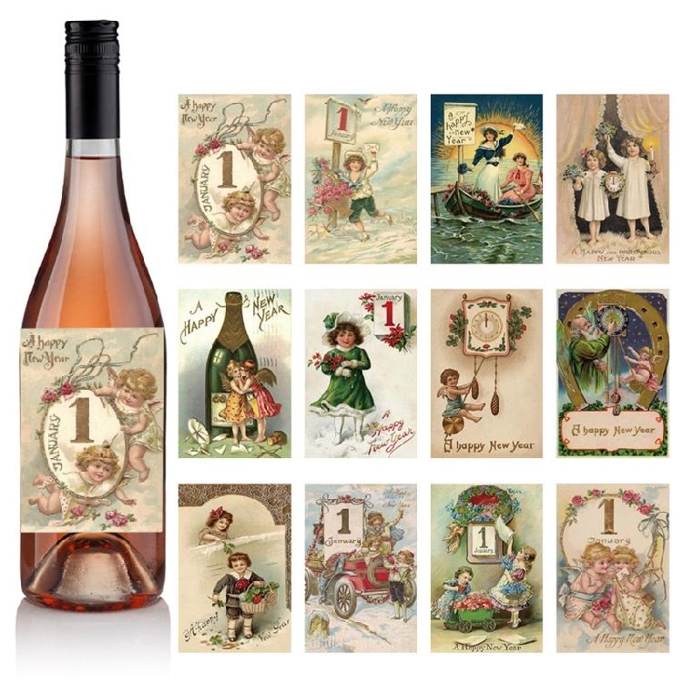 Confezione da 12 Pezzi Adesivi Decorativi per Bottiglie di Vino Vintage Felice Anno Nuovo Etichette Adesive per Bottiglie per Identificazione Varietà di Vino