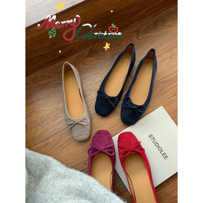 Sheepskin Version Temperament Round Head Commuting Single Shoes Women's Shallow Mouth Bow Soft Surface Flat Ballet Shoes