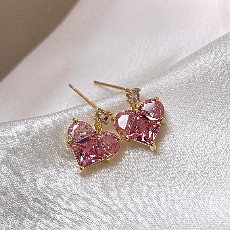 Sterling Silver Pink Heart Dangle Earrings - Korean Style, Shiny, Simple, Light Luxury Design for Women