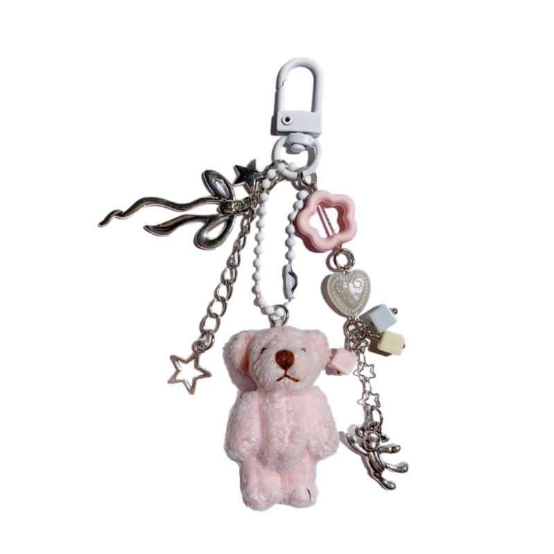 Fashionable Soft Plush Bear Keyring with Bead Chain Colorful Bag Pendant Accessory Beaded Animal Charn Ornament for Girls