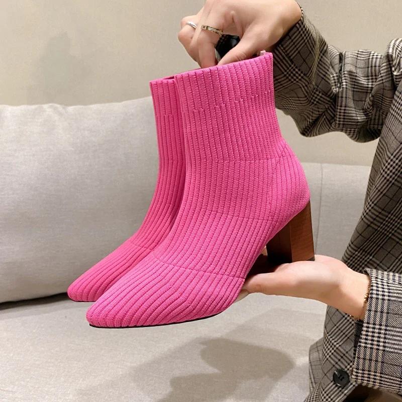 Winter Knitting Sock Boots Women Shoes High Heels Pointed Toe Ankle Boots Brand 2025 Trend New Comfort Elegant Dress Botas Mujer