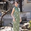 Elegant Green Sleeveless Modern Cheongsam Dress With Bamboo Leaf Jacquard Long Style Women 2026