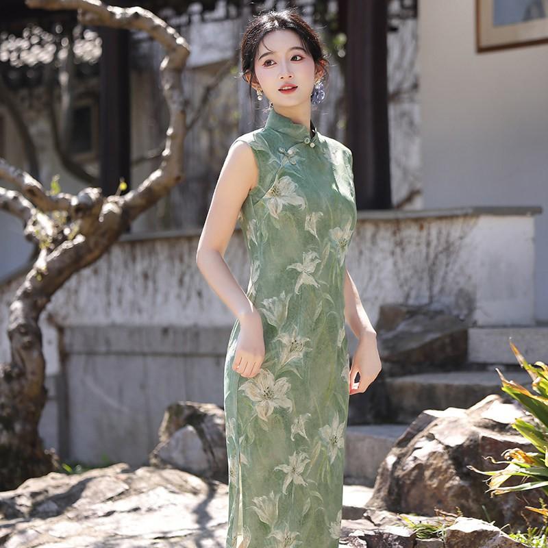 Elegant Green Sleeveless Modern Cheongsam Dress With Bamboo Leaf Jacquard Long Style Women 2026