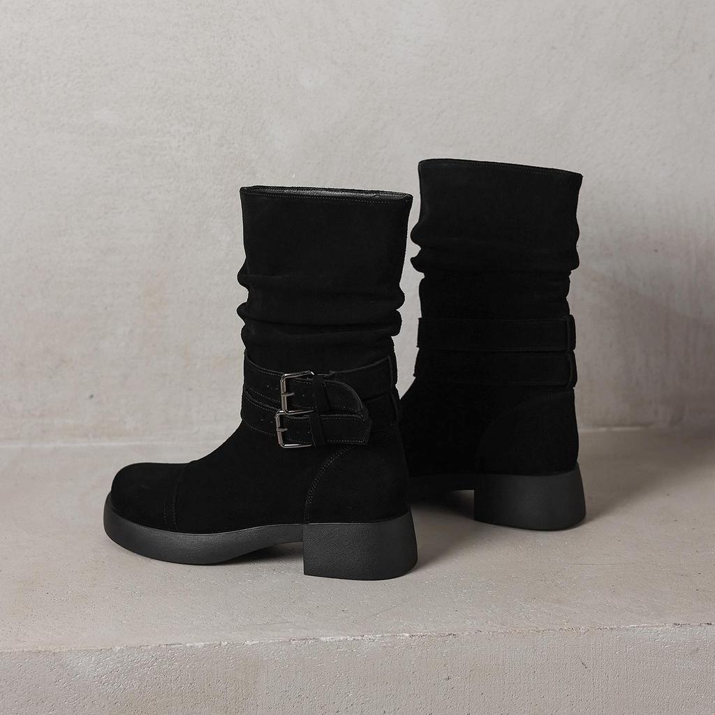 Krazing Pot Cow Suede Nubuck Winter Round Toe Modern Boots Med Heels Slip on Pleated Style Metal Buckle Mid-calf Boots