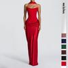 Vestido Longo Feminino Sem Alças e Sem Mangas Slim Fit Cintura Alta Sexy Cetim Sereia com Lenço Removível