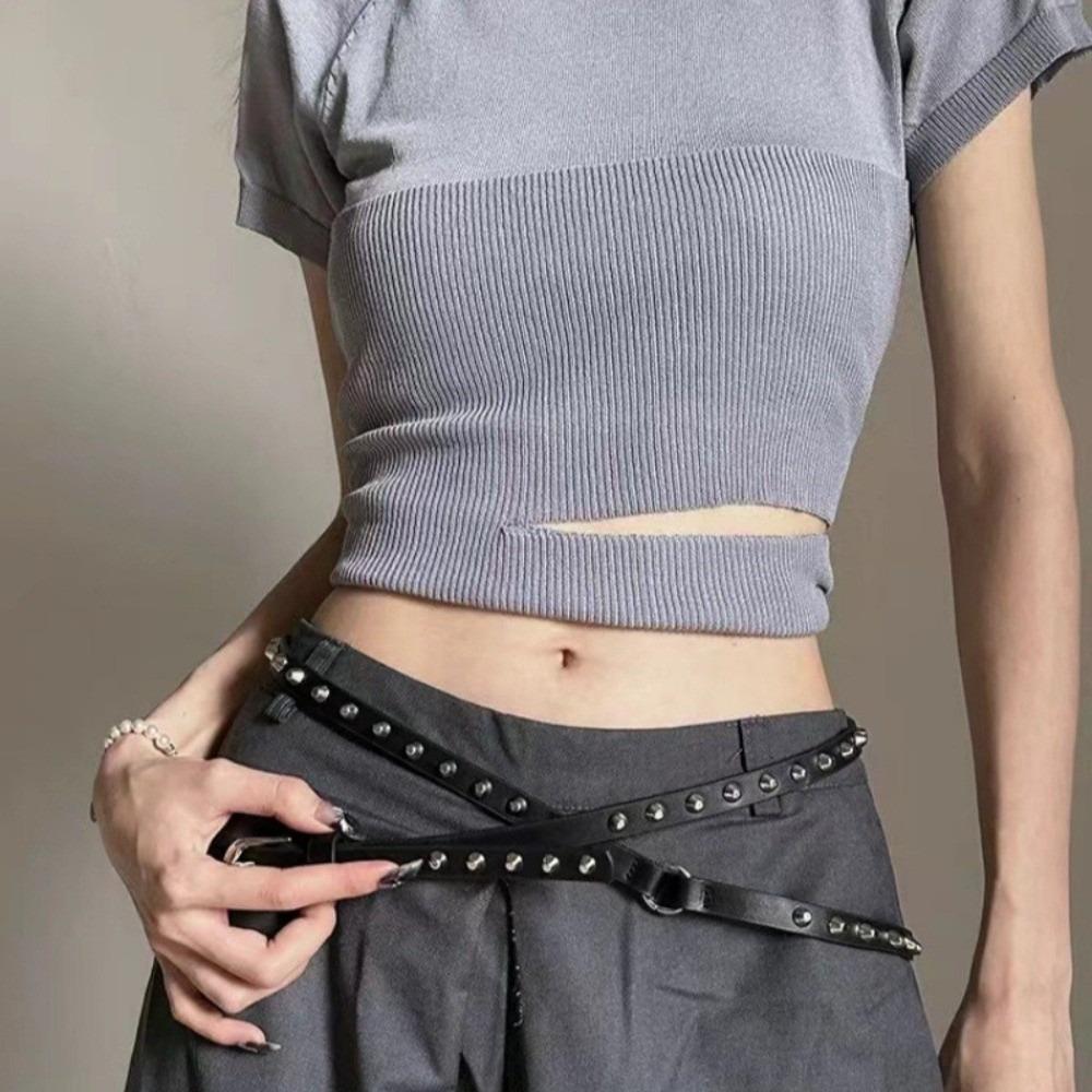 Thin Leather Waist Belt Double Loop Dress Jeans Belt Simple Women's Rivet Belt  Waist Accessories