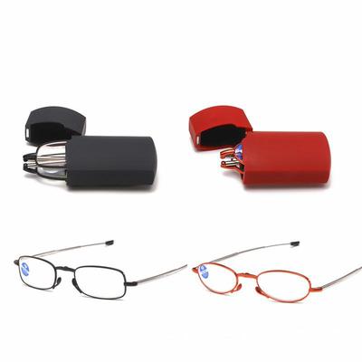 Folding Anti-Blue Light Reading Glasses with Metal Telescopic Legs for Men, Women, and Elderly - Includes Compact Lighter Box