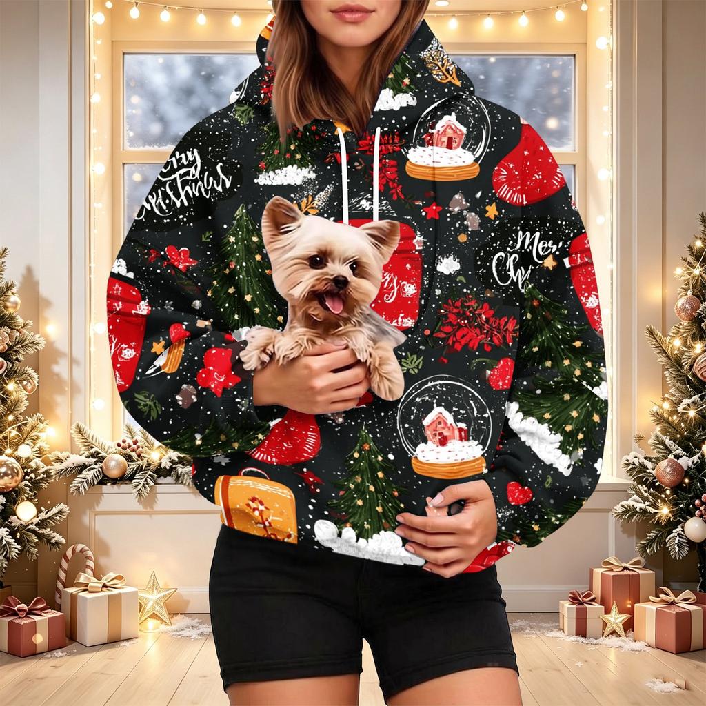 Damen Mode Weihnachtsdruck Hoodie mit Haustier-Tasche, Lässiger Pullover für Feiertagskleidung