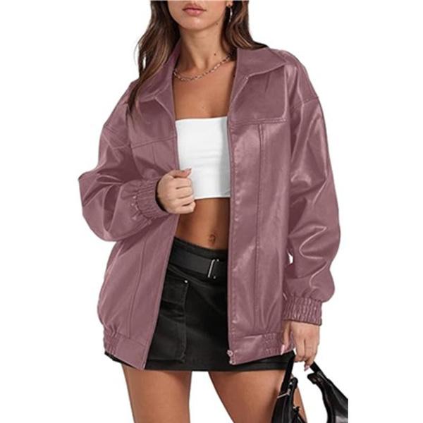 Stylish PU Leather Jacket for Women with Lapel Collar, Front Zipper & Side Pockets