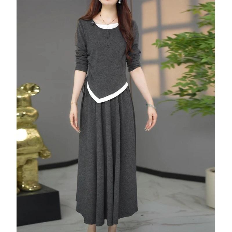 

Light Luxury Long-sleeved Top and Skirt Two-piece Large Size Flesh-covering and Slimming Over-the-knee Skirt Set XXXL