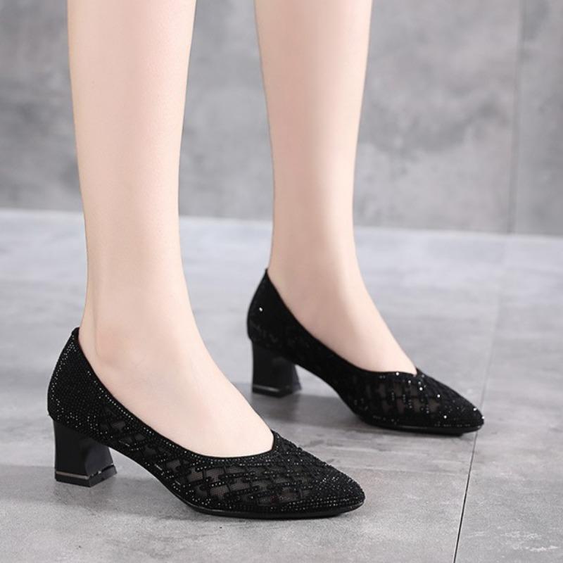 Women's Fashion Point Point Shallow Mouth Glitter Mesh Cloth Breathable Set Foot Anti-slip Wear-resistant Thick Heel Shoes