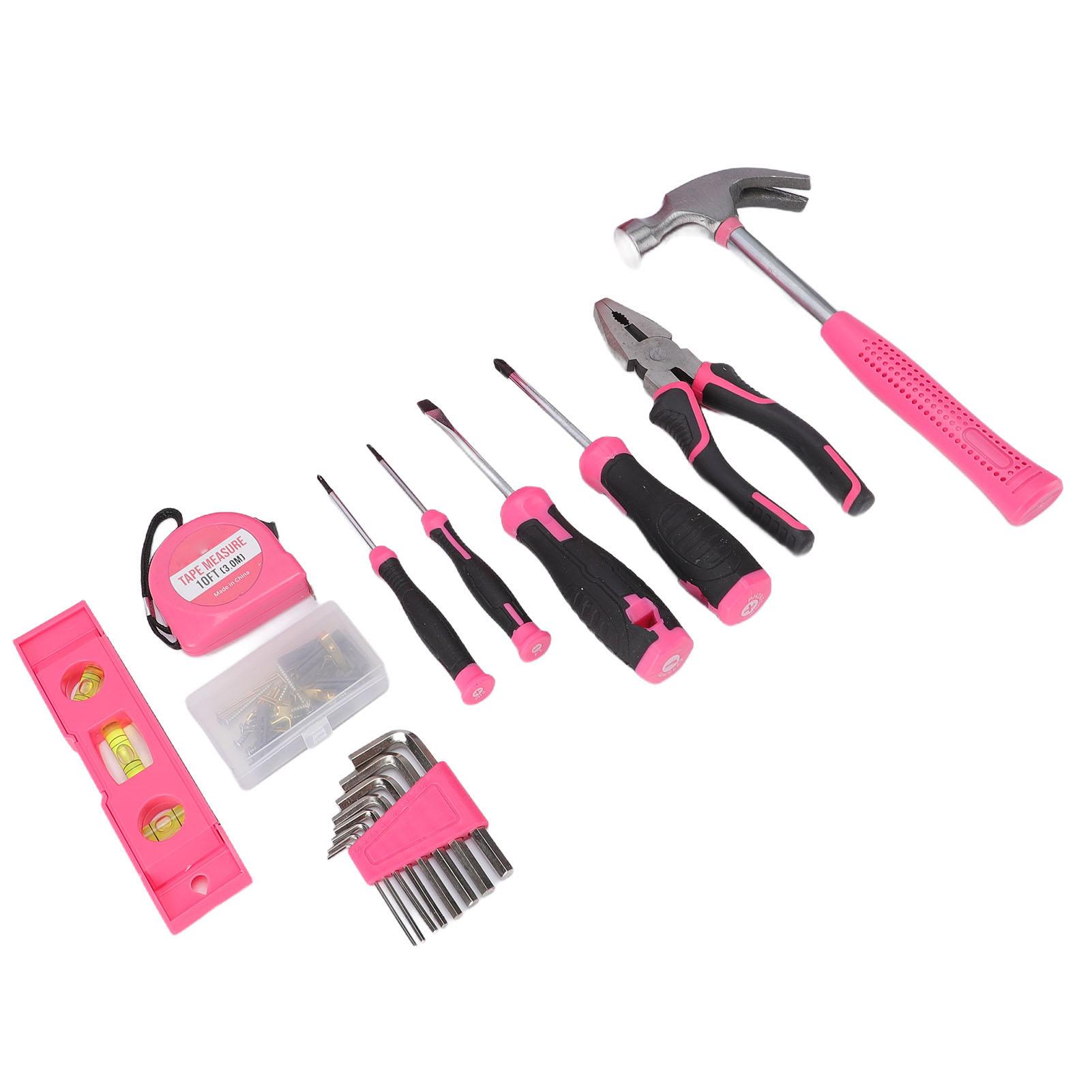 Home Repair Tool Kit Set Women Ladies Beginner Complete Hand Tools Hammer Wrench Hardware with Portable Toolbox Case Pink