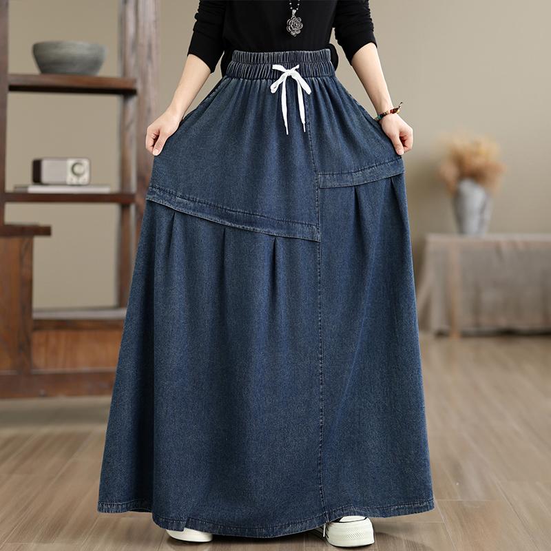 DIMANAF 2026 Autumn Winter Women Plus Size Denim Long Skirts Trousers Bottoms Cotton Loose Casual Oversize Denim Blue Skirt