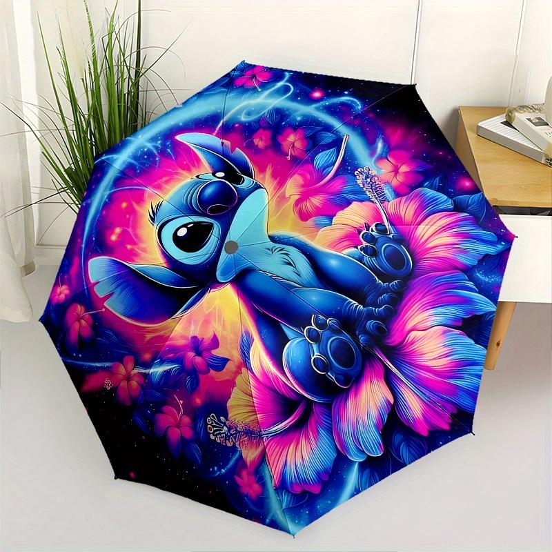 

Stitch, Floral Themed Automatic opening and closing folding umbrella, 8-rib windproof, compact travel design, suitable for all occasion | Fa