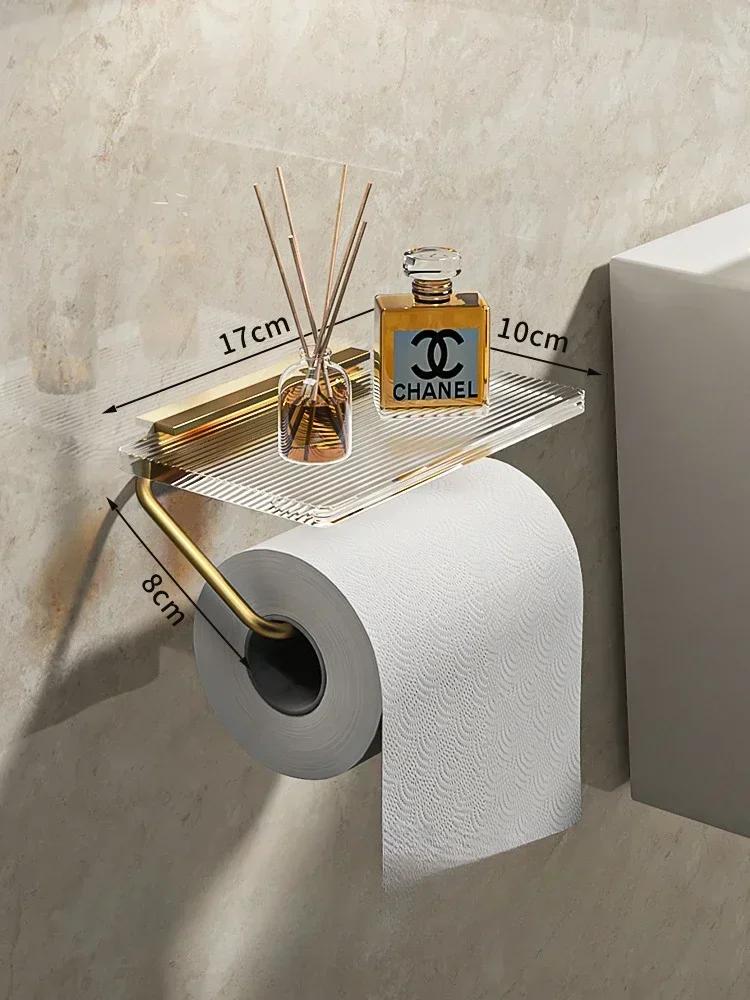 

New Luxury Gold/Sliver Toilet Paper Holder with Shelf No Punching Acrylic Roll Paper Holder Tissue Hanger Bathroom Accessories