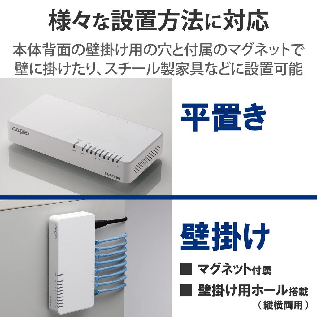 ELECOM Gigabit Ethernet Switching Hub, 8 Ports, Plastic, Magnetic, Built-in Power Supply, White EHC-G08PN2-JW