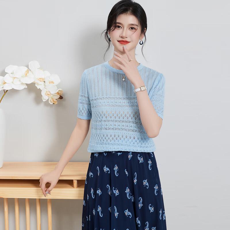 Jinjuan Silk Blend Hollow Knit Short Sleeve T-Shirt L